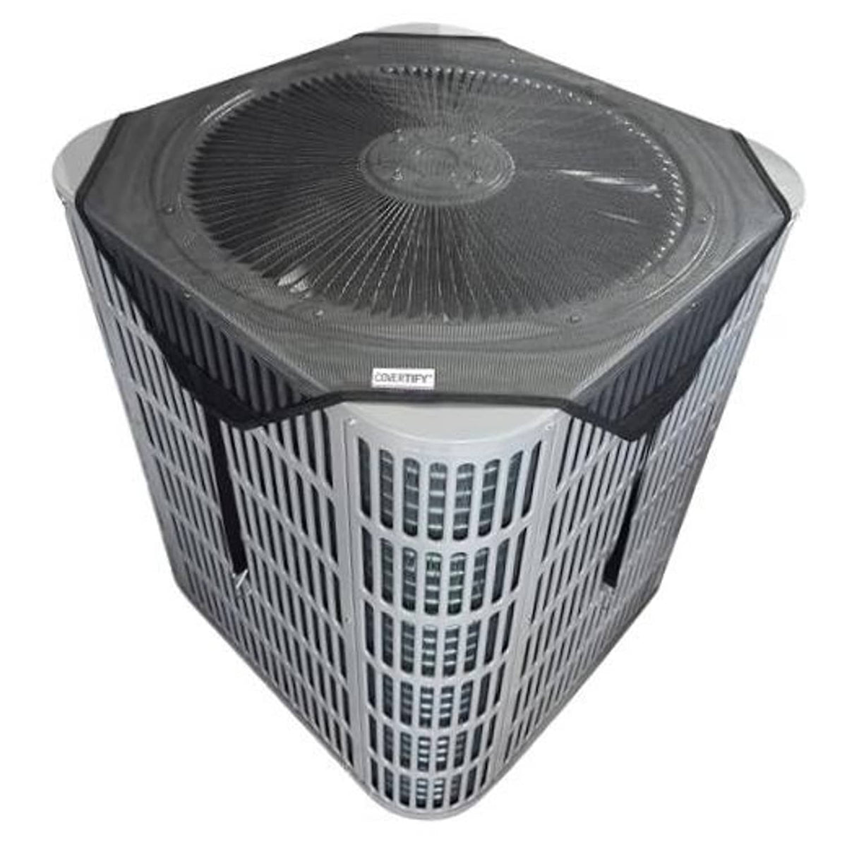 Outdoor AC condenser cover, breathable dark fabric, vented top and secure elastic fit