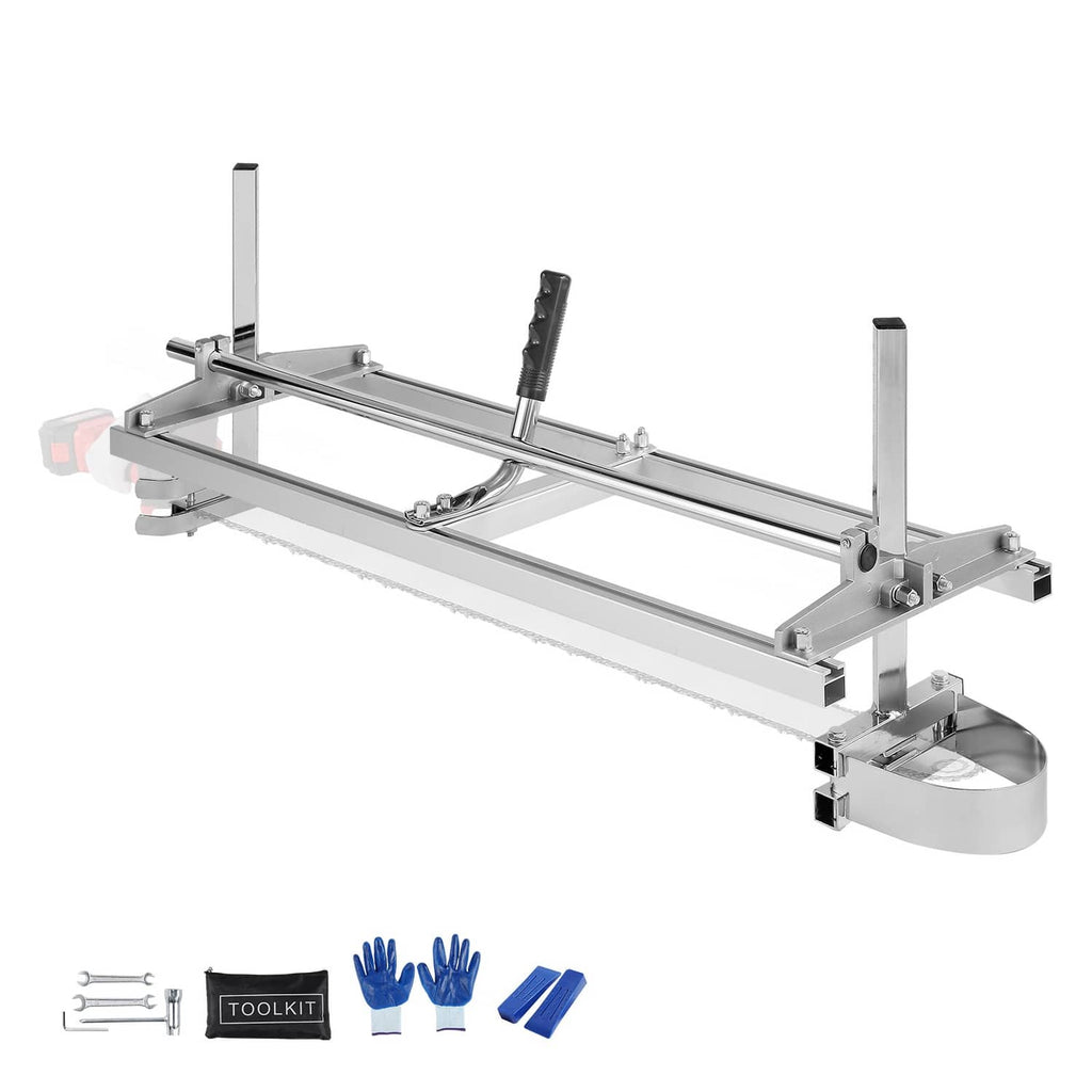 Chainsaw mill guide frame with adjustable rails and guide bar, silver metal construction