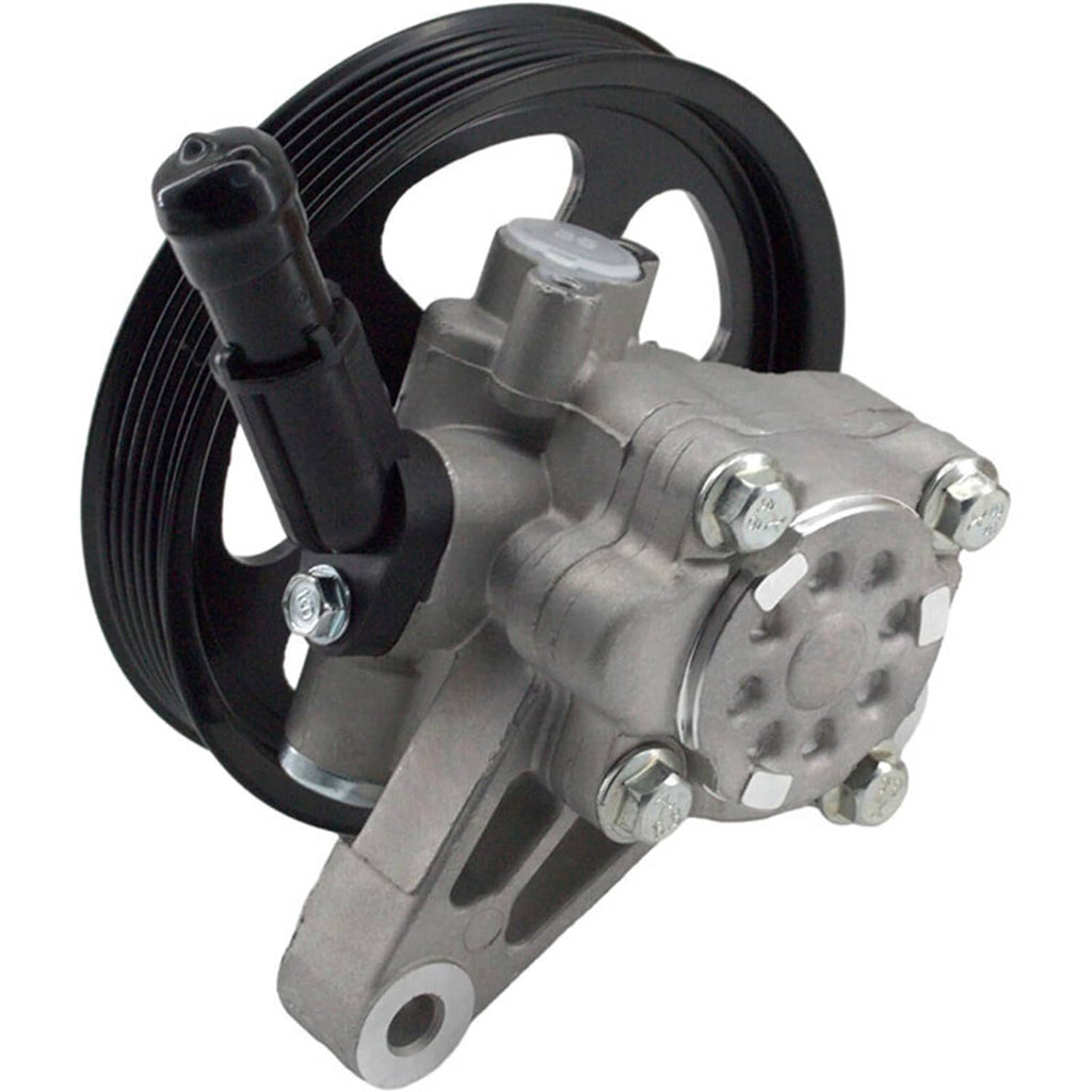 Power steering pump assembly with black pulley, gray housing, and outlet hose