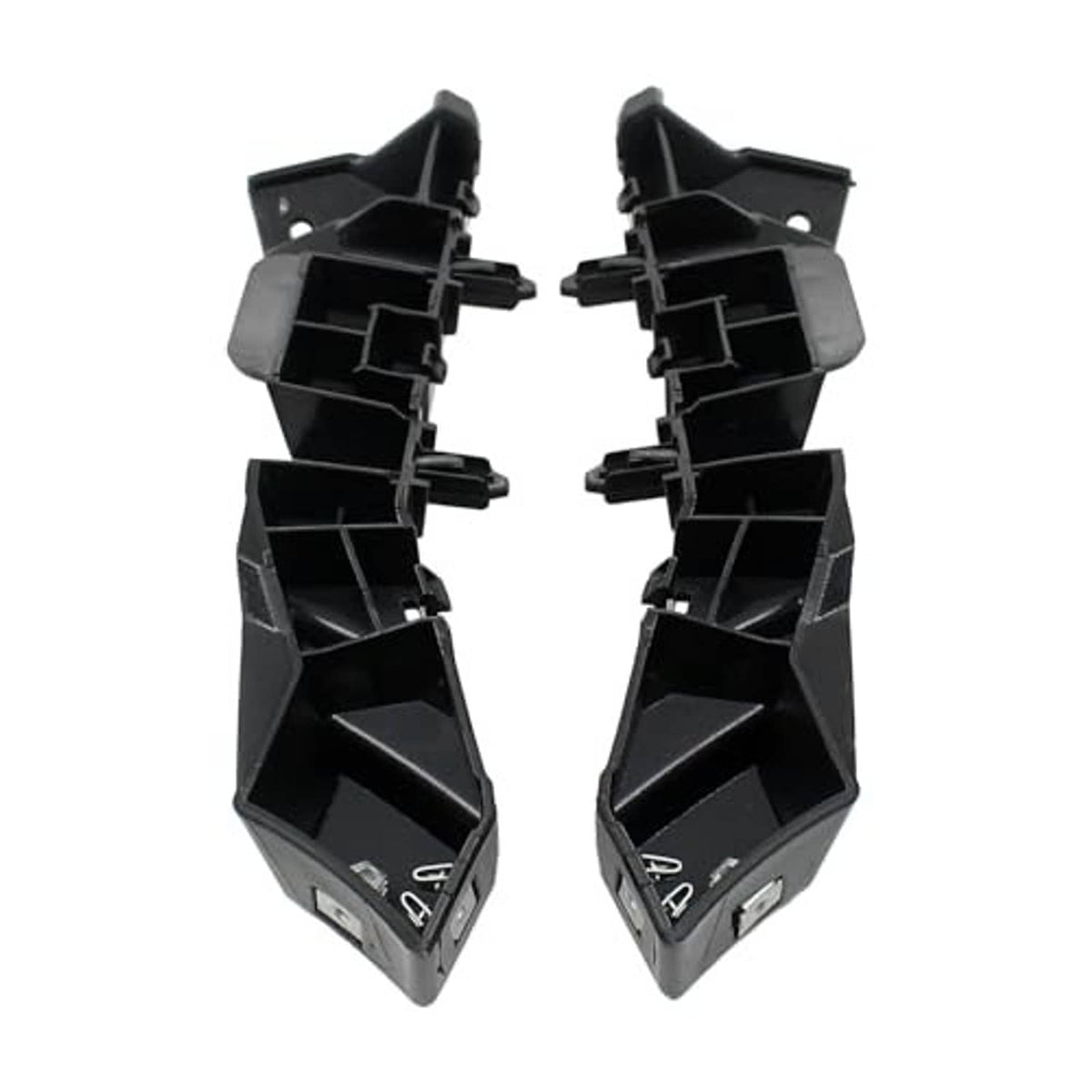 Pair of front bumper guide bracket retainer supports, black with open mounting channels