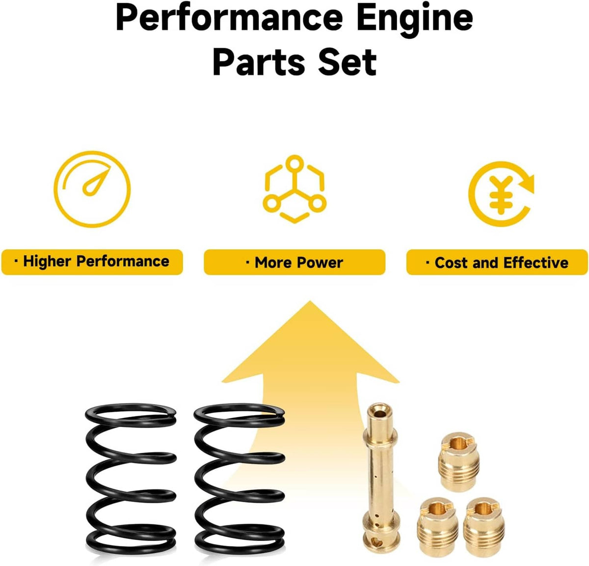 Performance engine parts set featuring black valve springs and brass retainers in a bundle