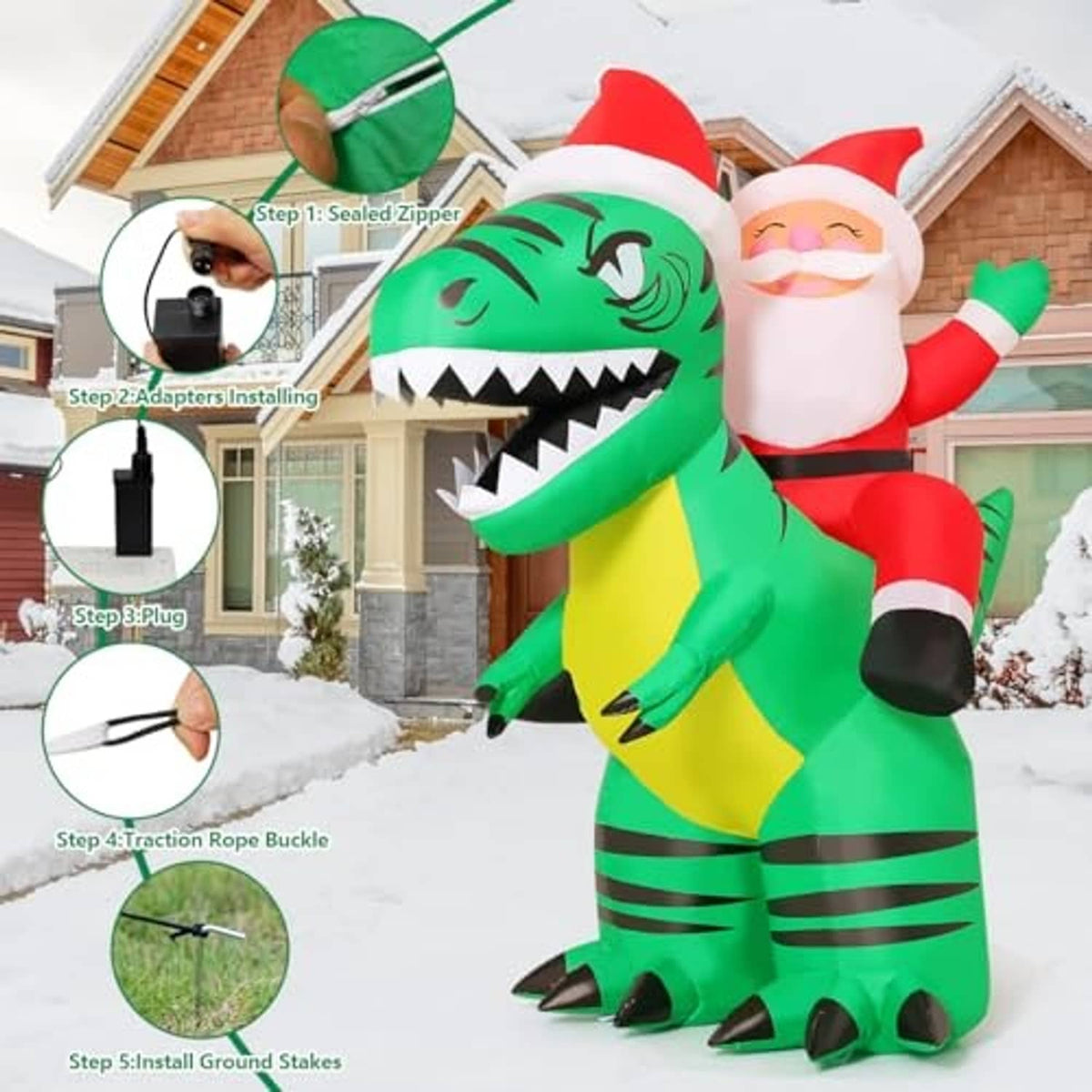 Inflatable Santa and green crocodile outdoors, full-body view with rope and fan setup