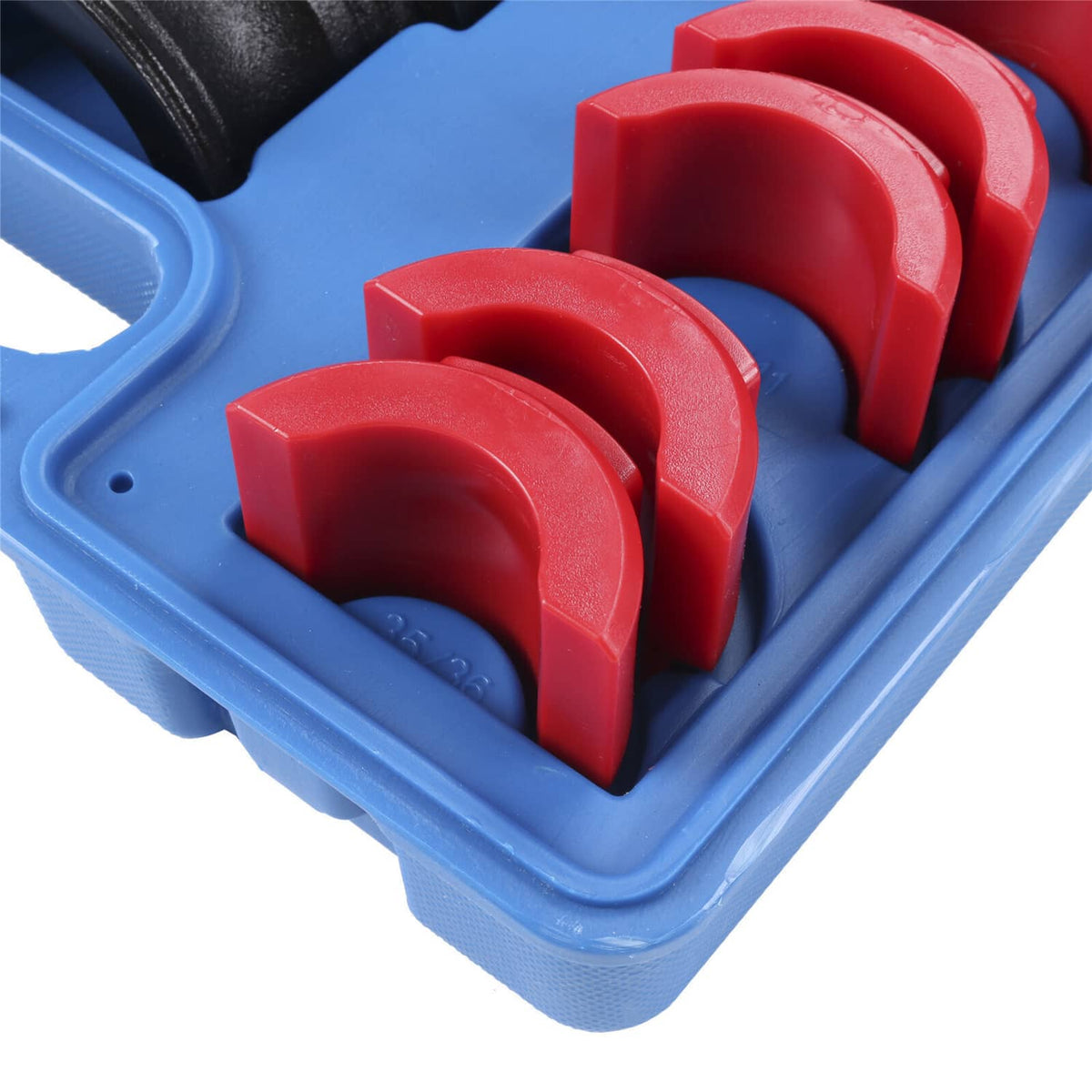 Motorcycle fork seal installer drivers set with red inserts in blue case