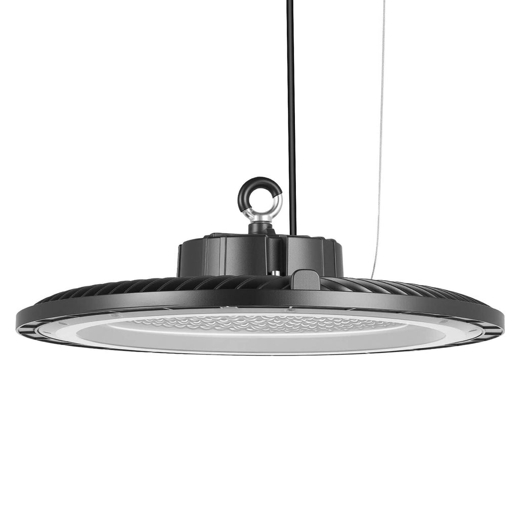Black LED high bay with hook ring and circular lens underside view