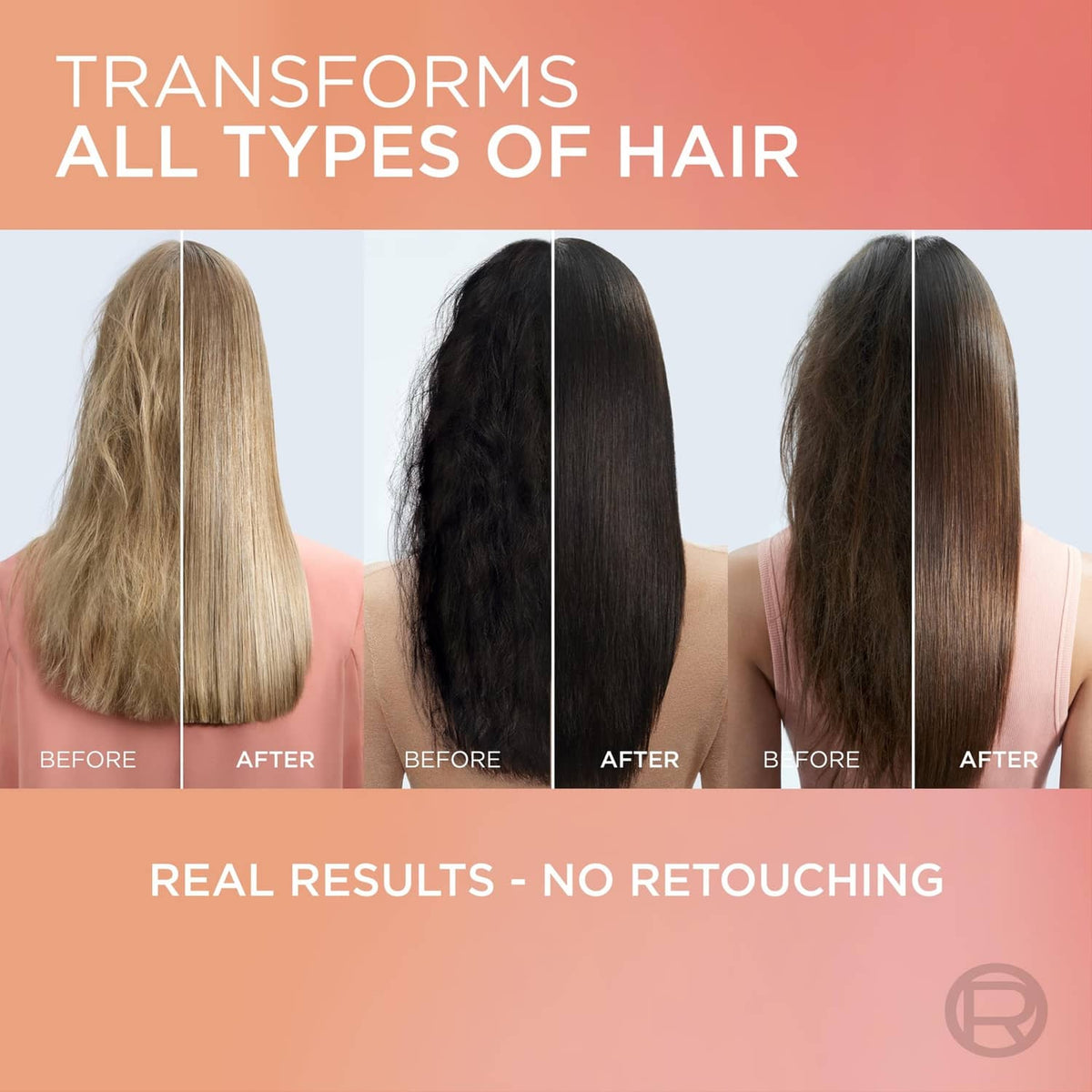 Hair treatment comparison panels showing before and after results for leave-in cream