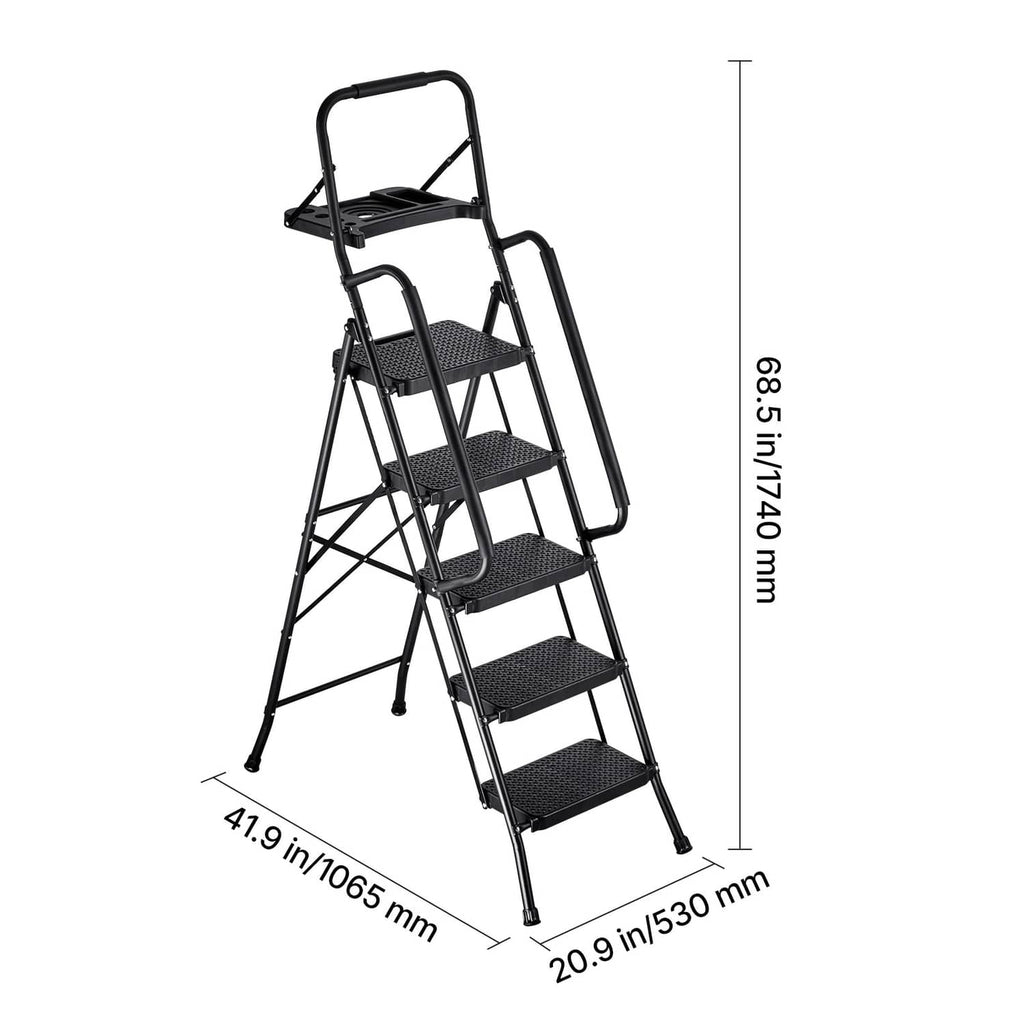 5-step ladder in angled view with anti-slip steps and side handrails; dimension lines