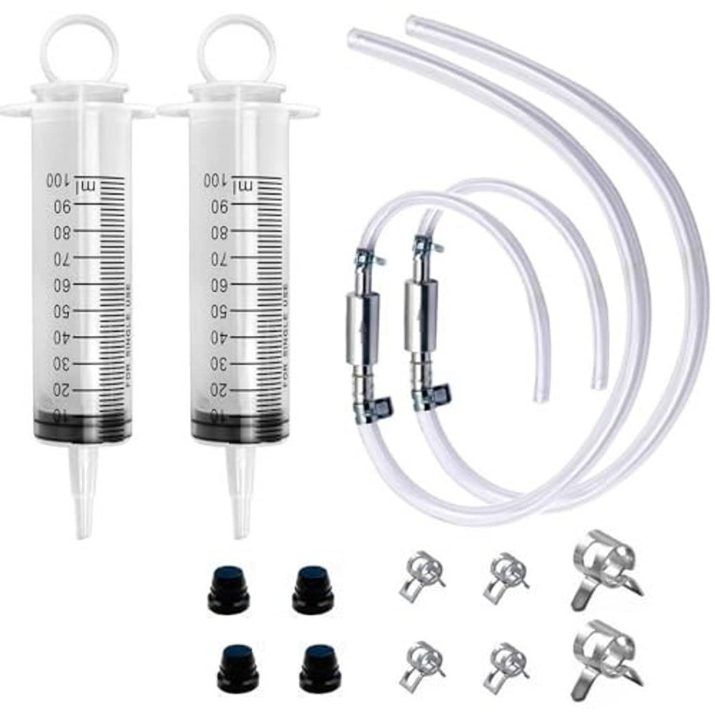Brake bleeder kit set with two syringes, two clear hoses, and assorted bleeder fittings