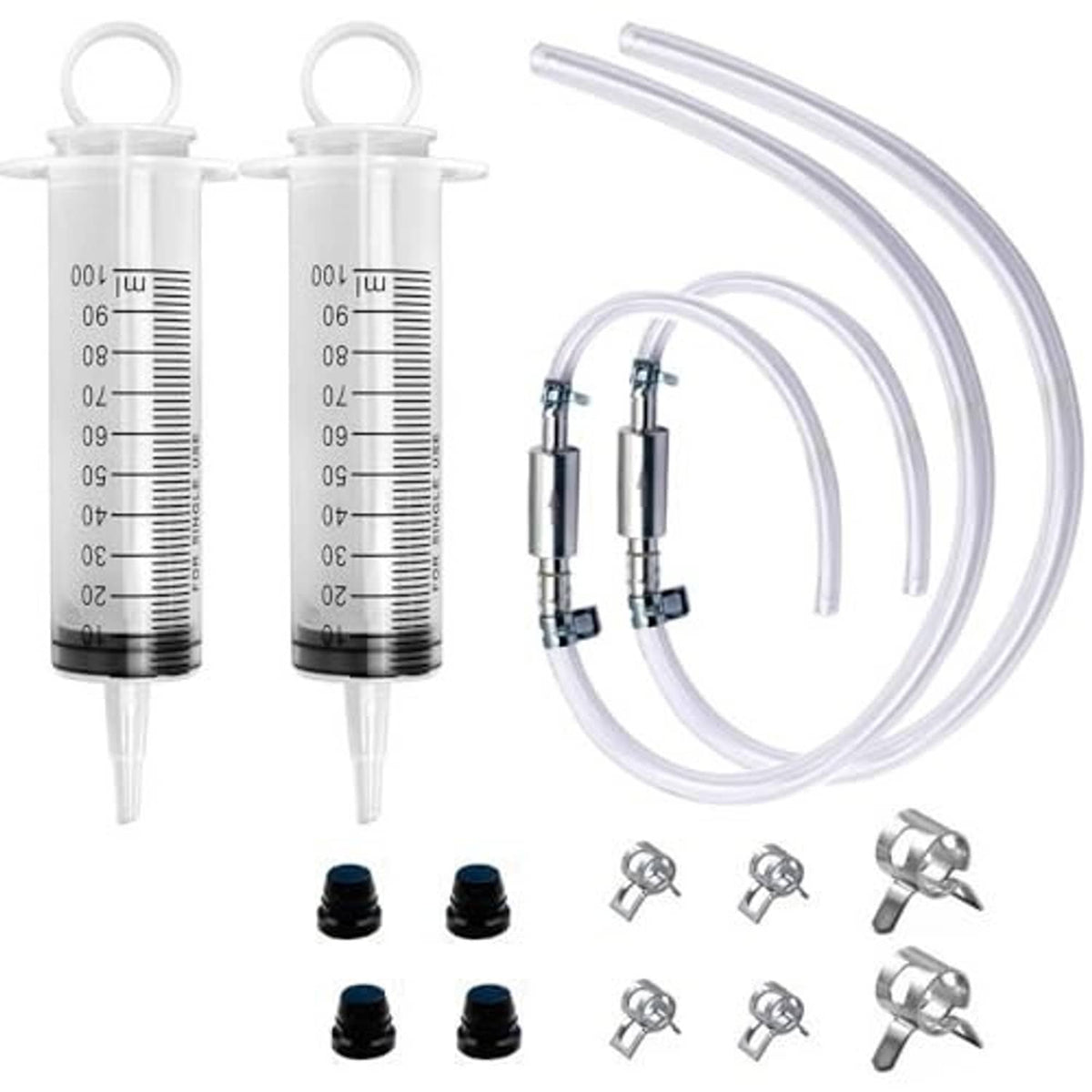 Brake bleeder kit set with two syringes, two clear hoses, and assorted bleeder fittings