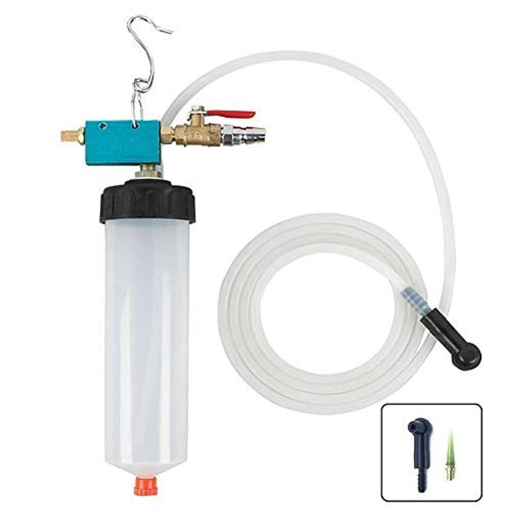 Brake fluid extractor pump with clear canister, blue control block, and long white suction hose