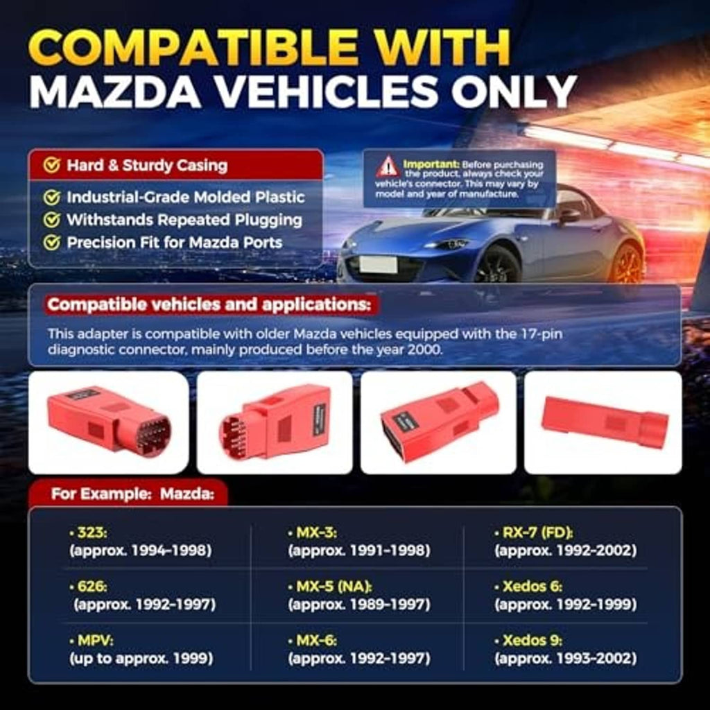 Red OBD adapter with 17-pin male plug and molded casing for vehicle diagnostics