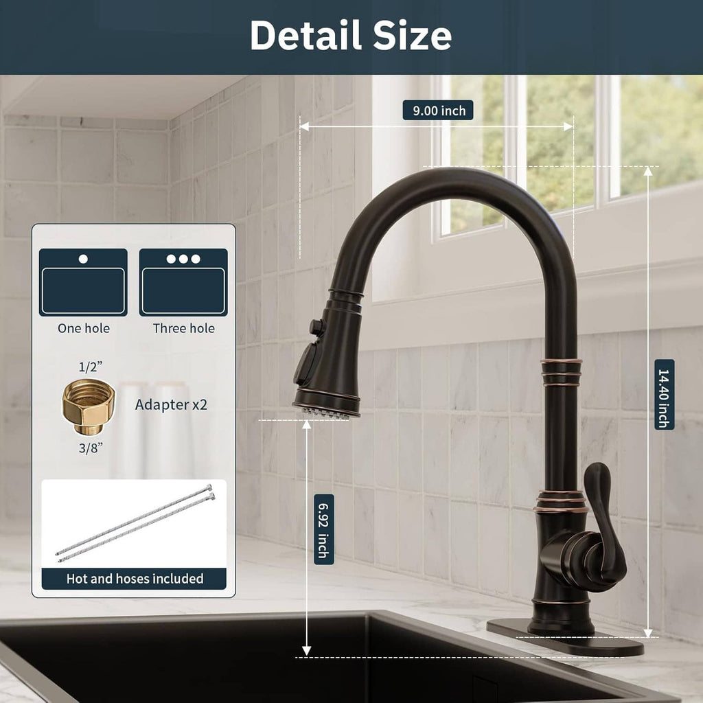 Kitchen faucet shown with height and reach size indicators and bronze accent rings