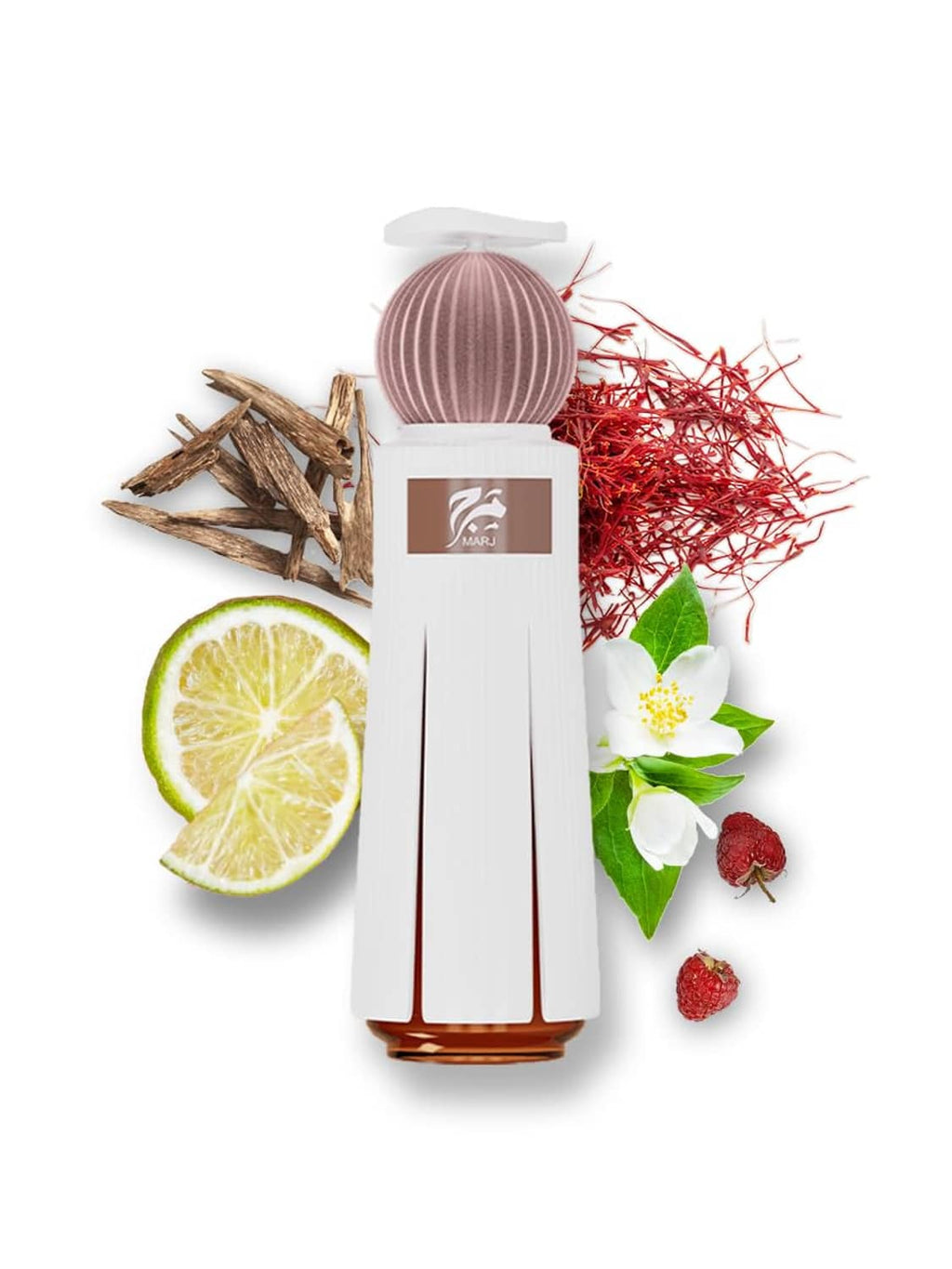 Extrait de parfum spray bottle, white with rose-pink ribbed cap, with citrus garnish