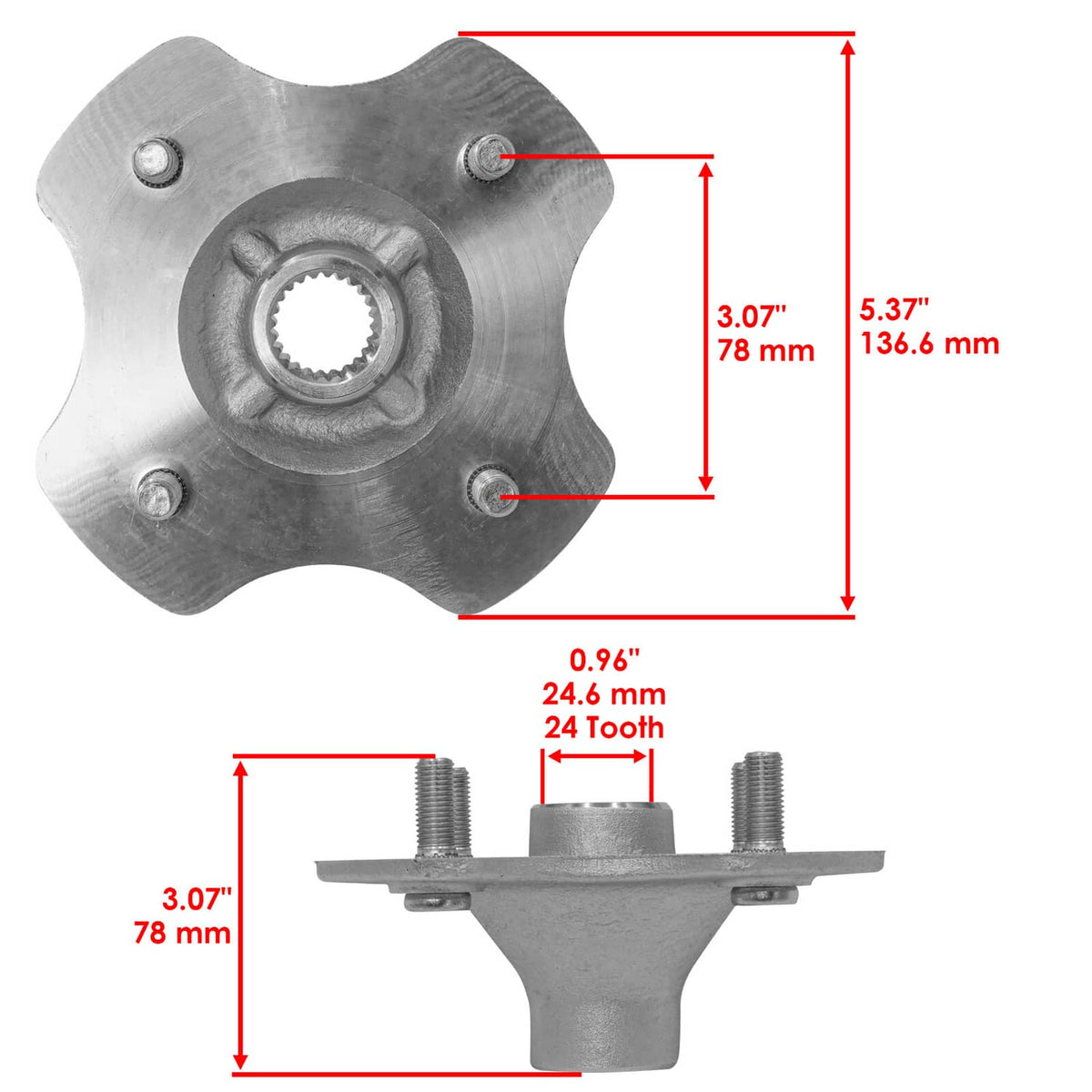 Wheel hub assembly with 24-tooth axle bore and four mounting bolt holes