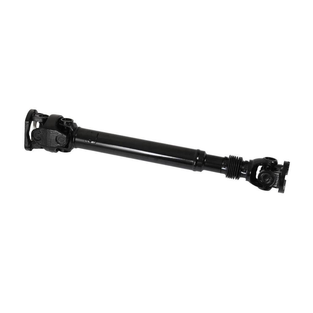 Black front driveshaft side view with flange yoke ends and center tube