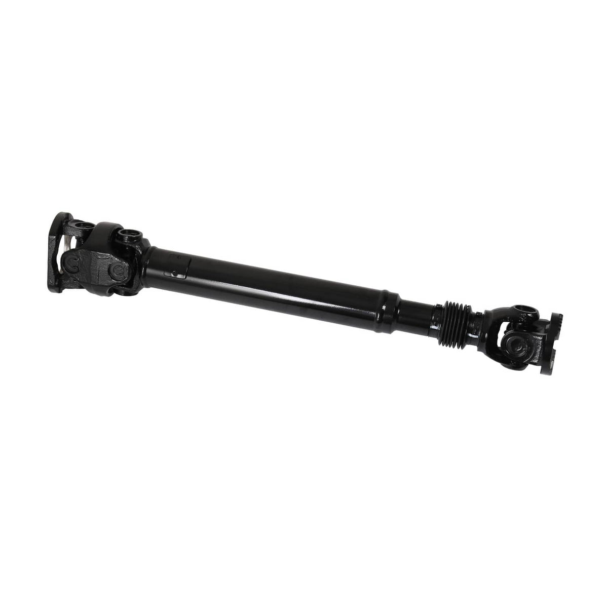 Black front driveshaft side view with flange yoke ends and center tube
