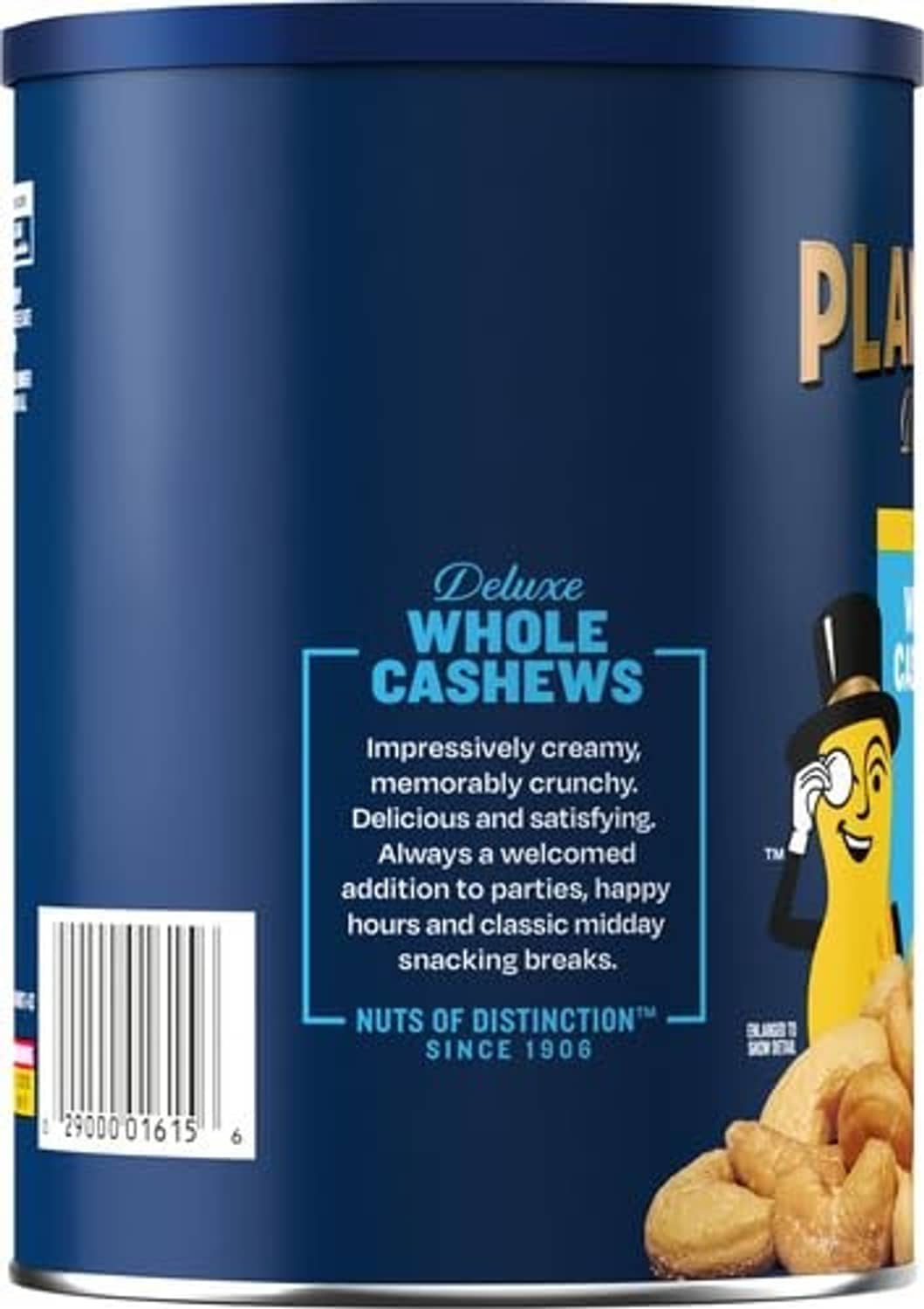 PLANTERS Deluxe whole cashews can back, blue panel with serving text