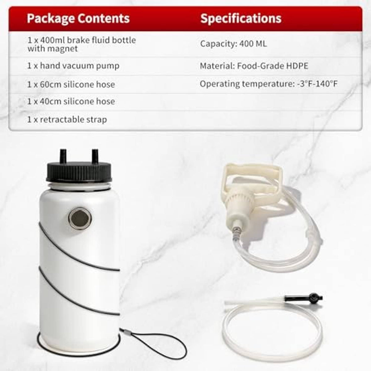 Motorcycle brake bleeder kit package includes 400ml bottle with magnet, vacuum pump, and silicone hoses