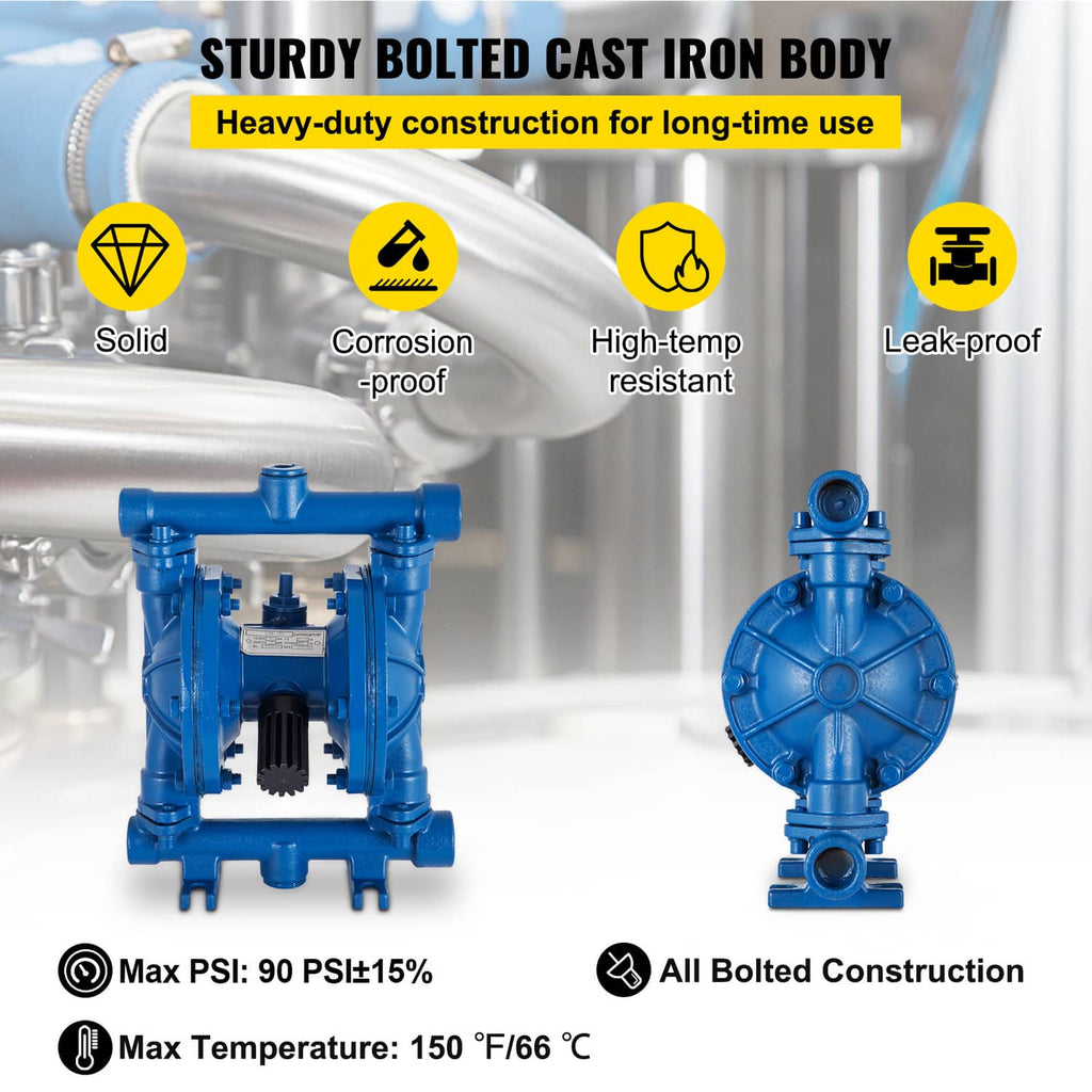 Blue cast-iron double diaphragm pump with side ports and central diaphragm window