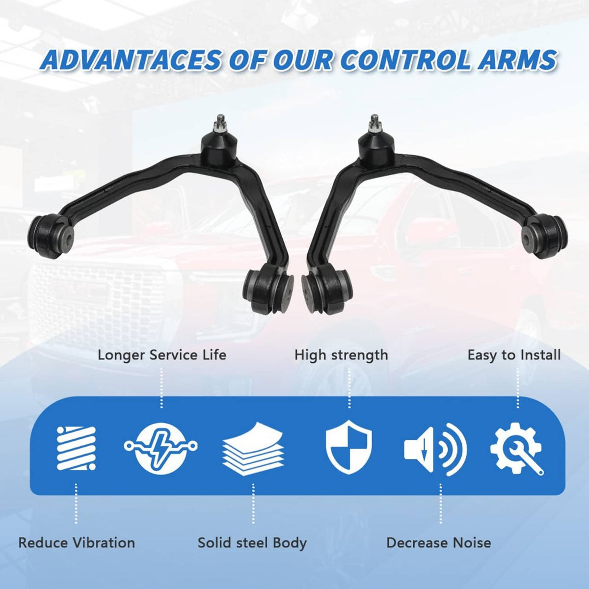 Pair of black suspension control arms with ball joints and end links shown