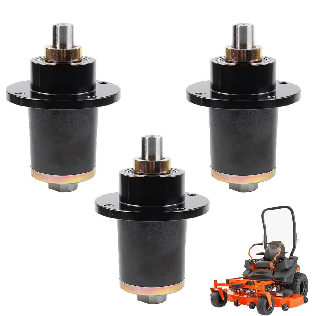 Set of three black spindle deck assemblies with silver shafts and mounting flanges