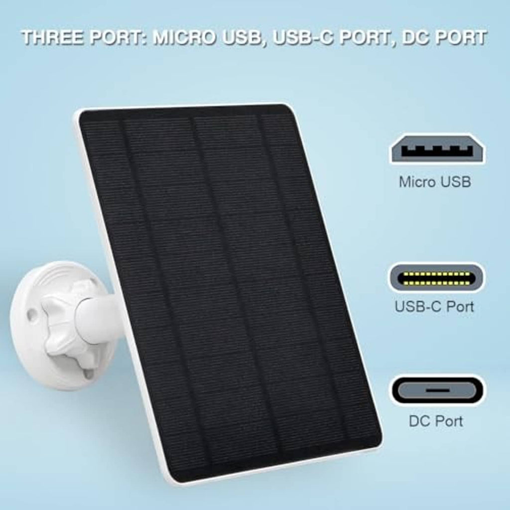 Black solar panel with white mount, showing Micro USB, USB-C, and DC ports
