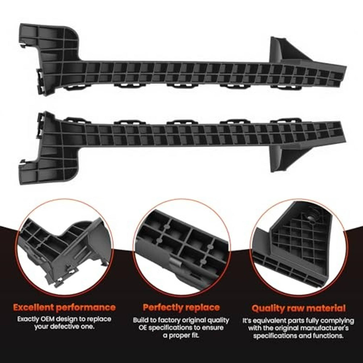 Black plastic headlight under bracket support set with molded grid channels