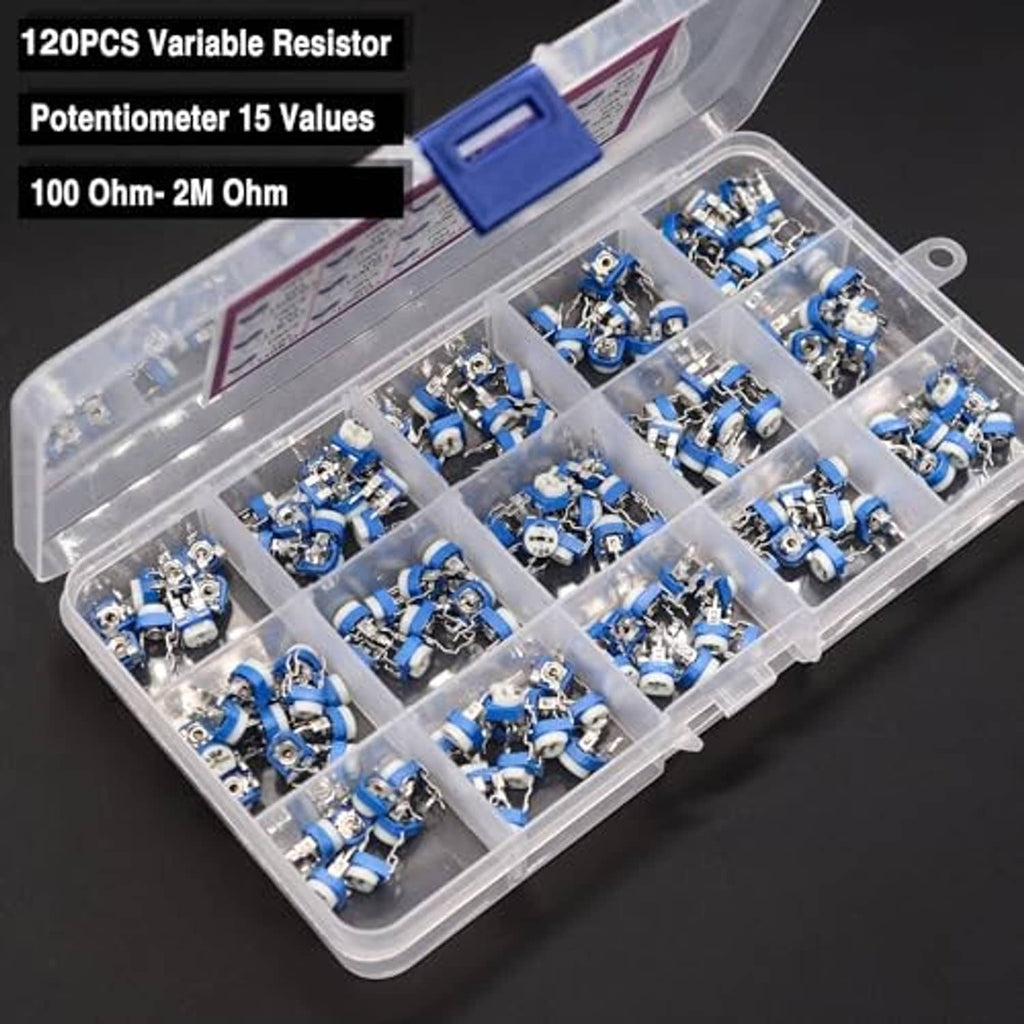 Clear plastic case packed with blue 6mm variable resistors, knob tops and solder pins