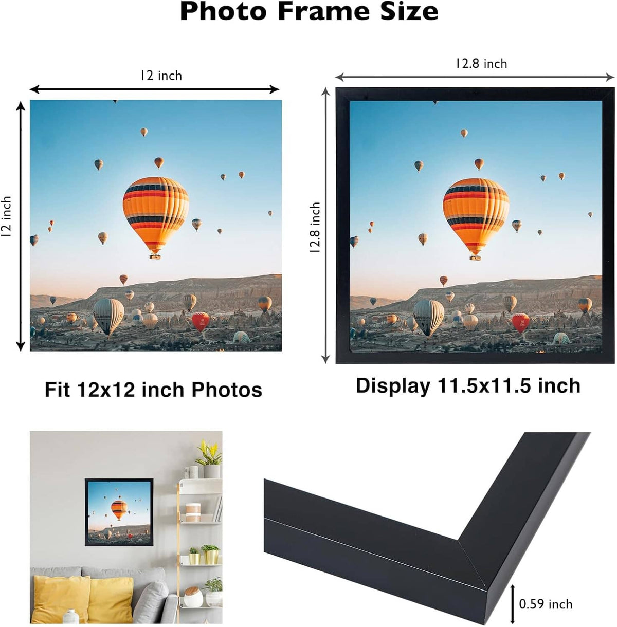 Black 12x12 photo frame size graphic with dimensions and photo fit