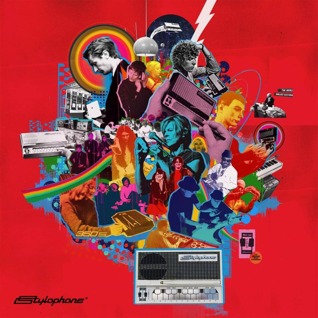 Stylophone pocket synthesizer themed collage featuring multiple devices