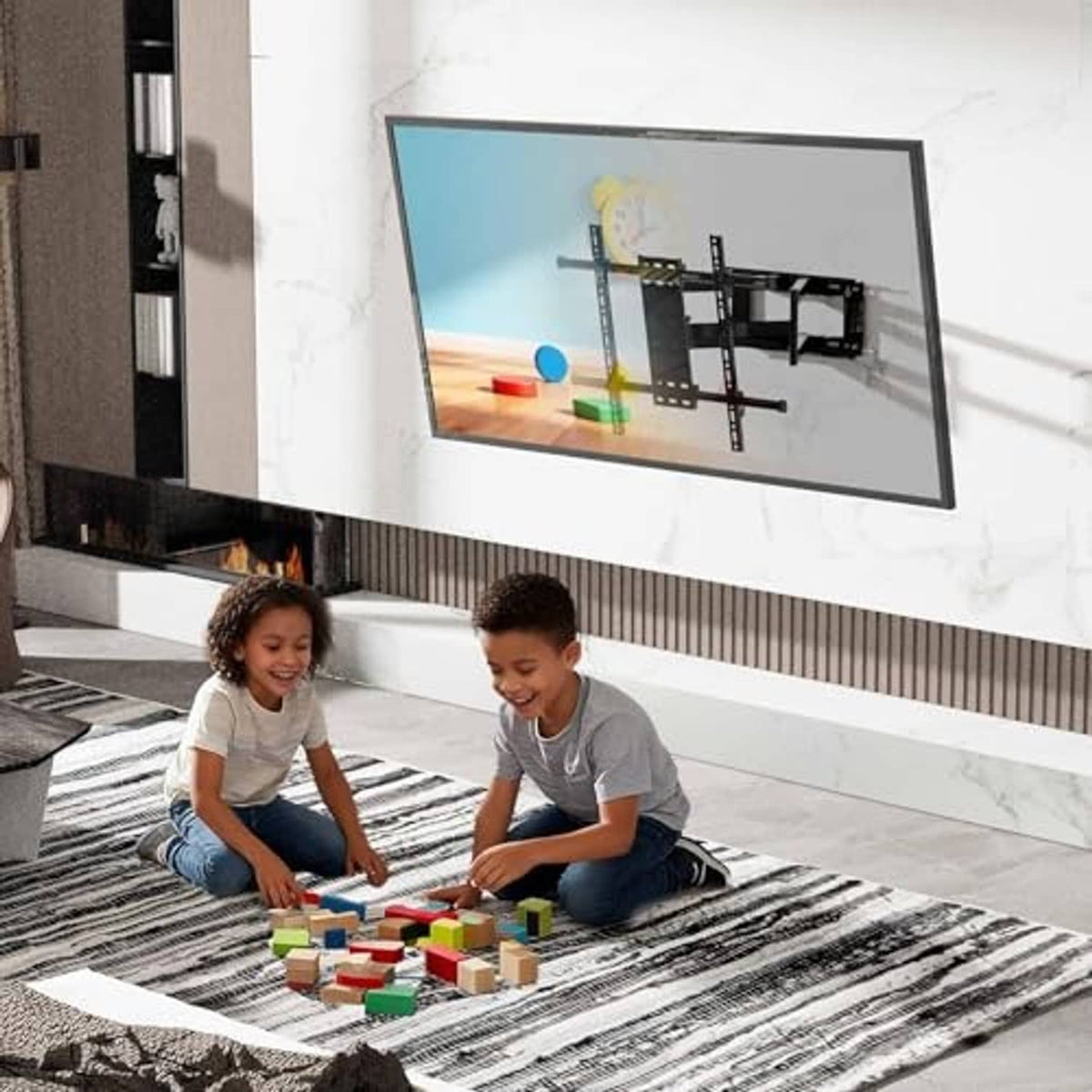 Black full-motion TV wall mount holding a flat-screen TV near wall