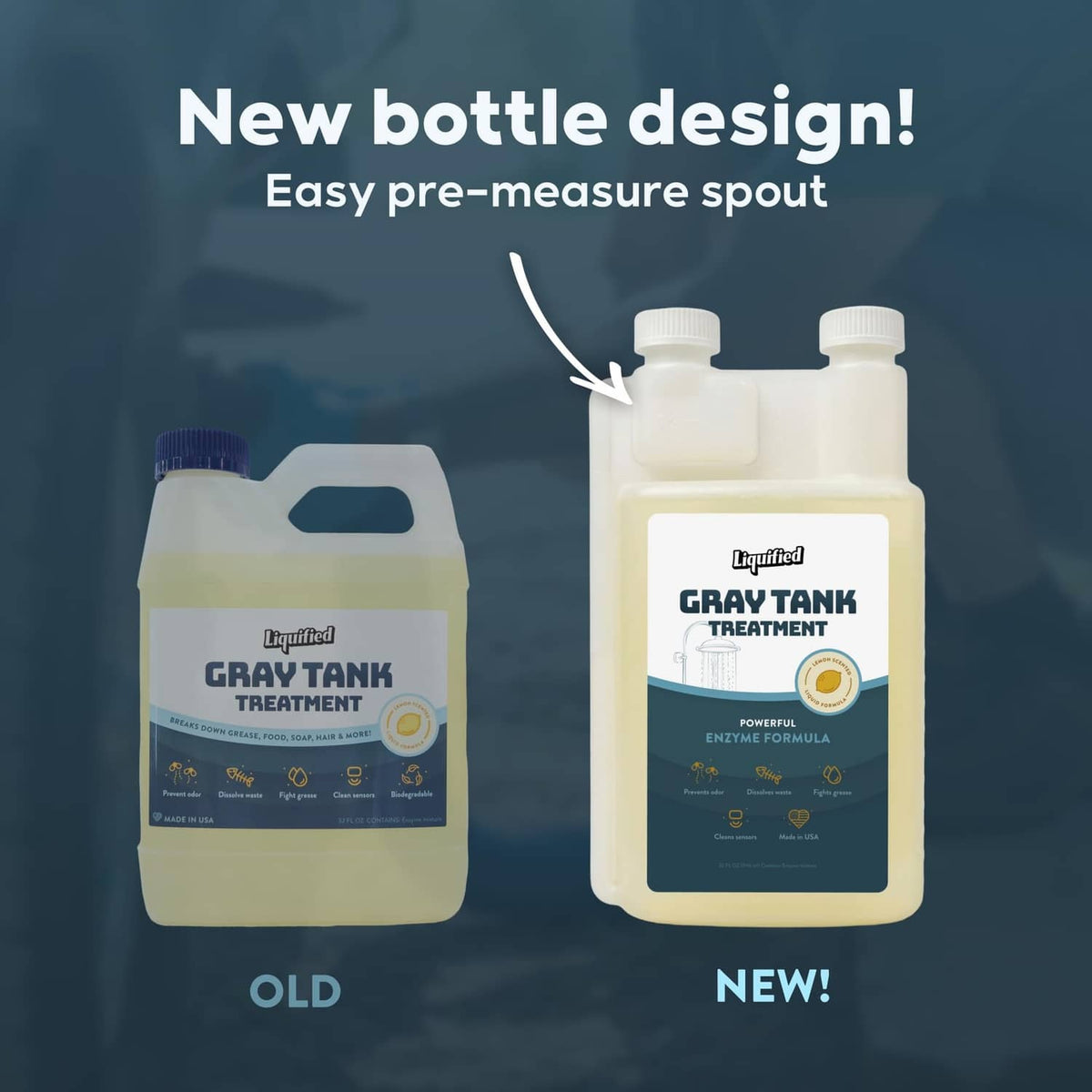 Gray tank treatment bottle set showing new and old designs, two bottles with caps