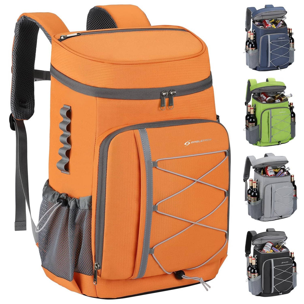 Orange insulated cooler backpack with zip front pocket and side elastic bottle holders