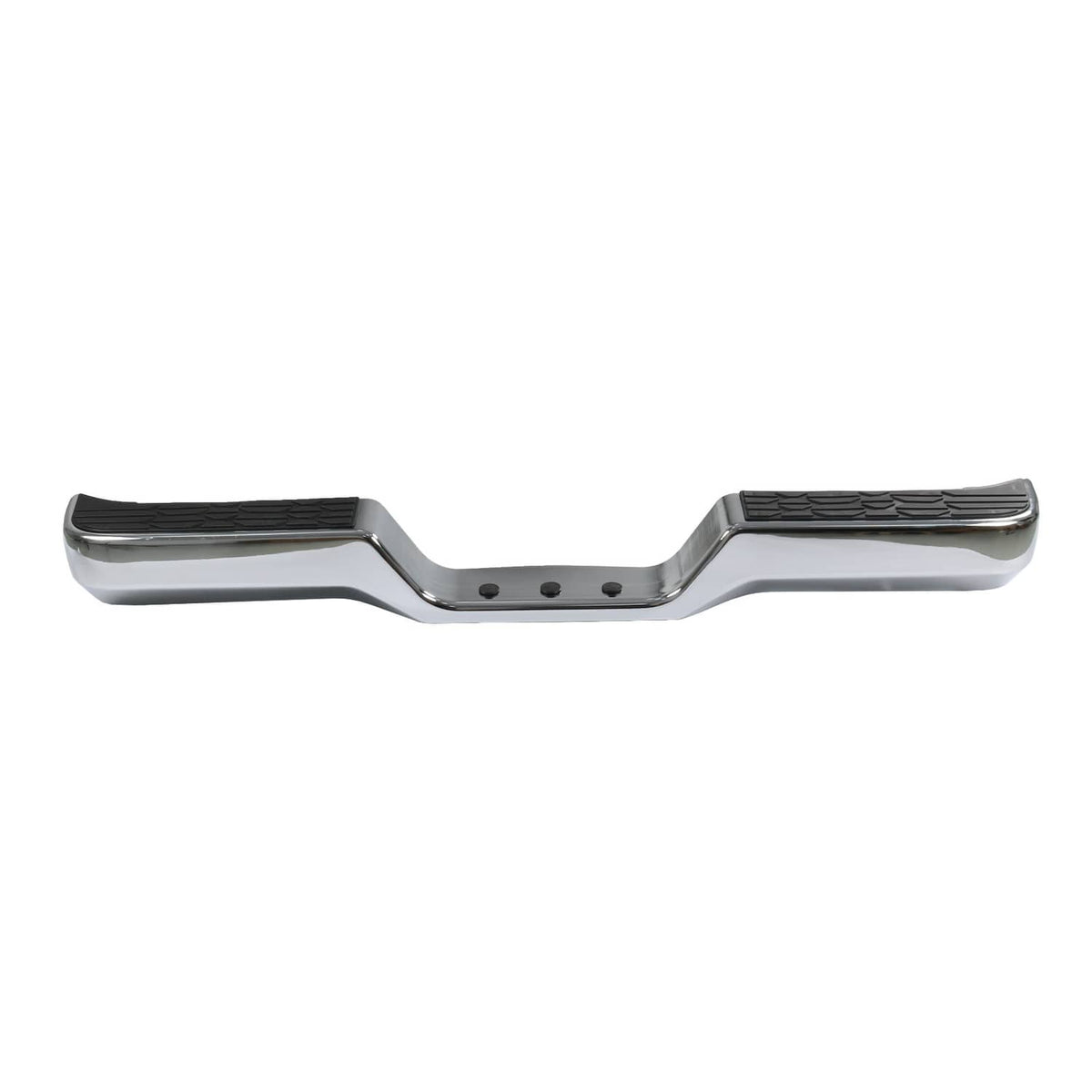 Chrome rear step bumper face bar with textured black pads across the step
