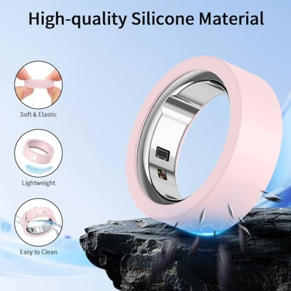 Pink silicone ring cover with a protective lip and open center for a smart ring.
