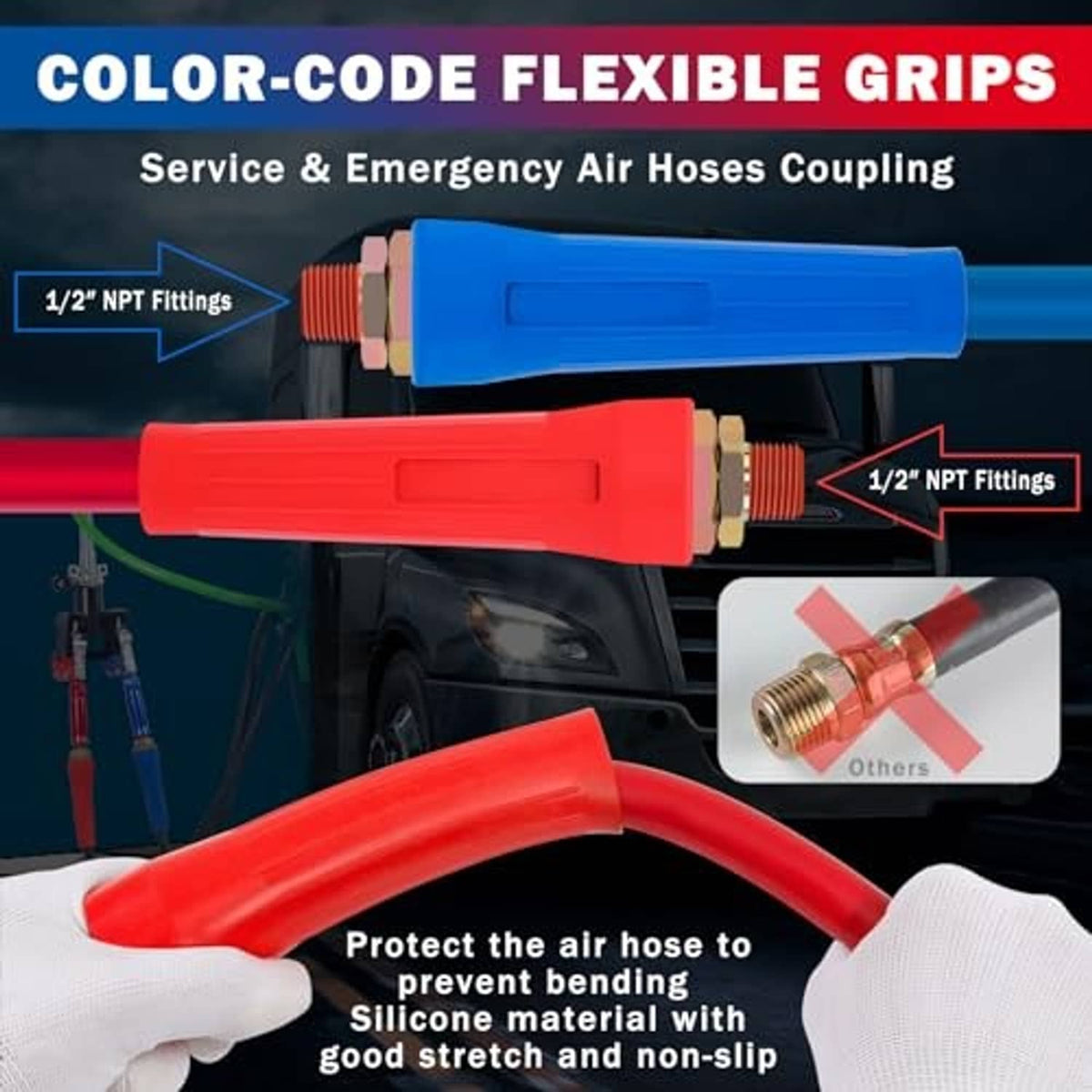 Red and blue flexible air hose with NPT couplings and molded color-coded grips