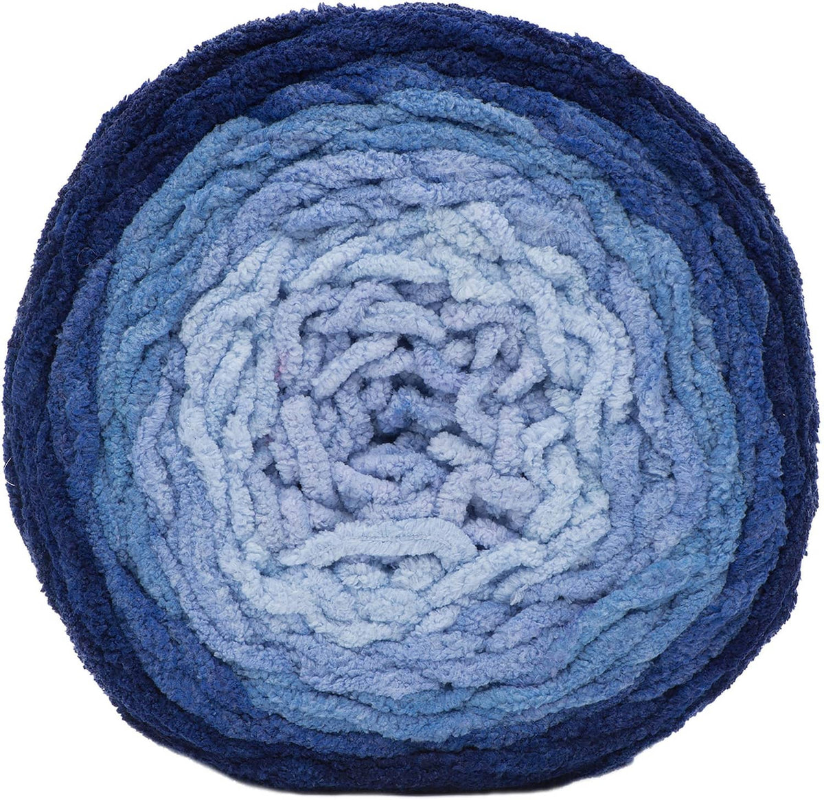 Ombre blanket yarn ball, dark navy outer to light blue inner, looped plush texture