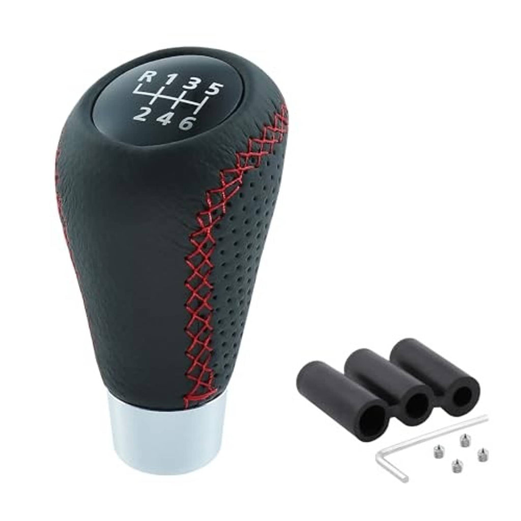 Black leather 6-speed shift knob with red stitching and grille top, with adapter sleeves and screws