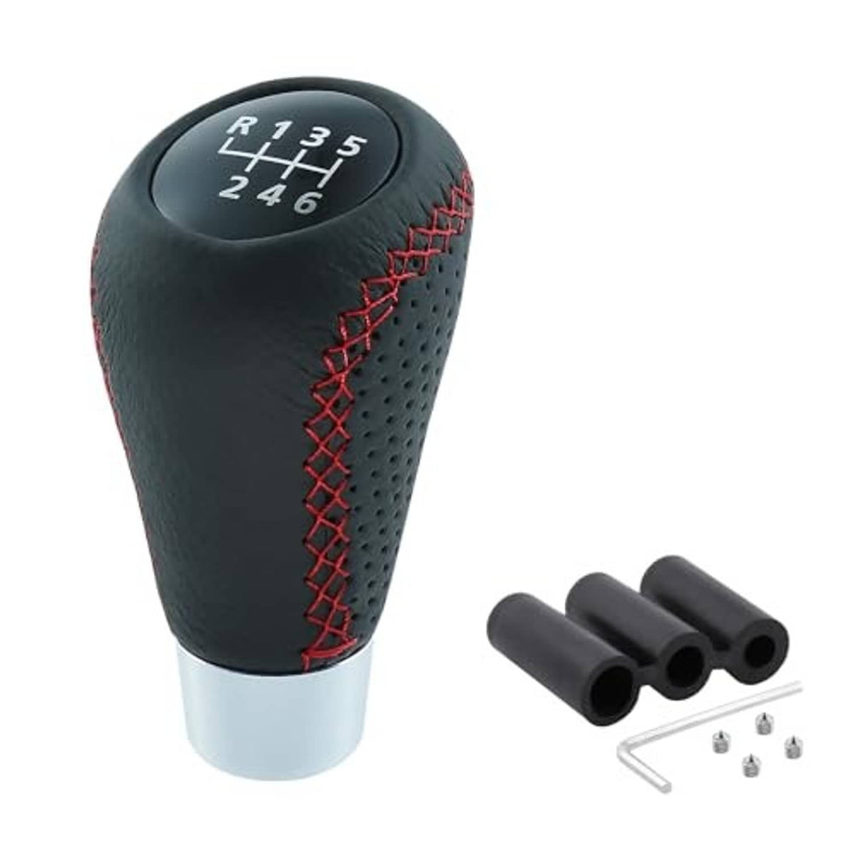 Black leather 6-speed shift knob with red stitching and grille top, with adapter sleeves and screws