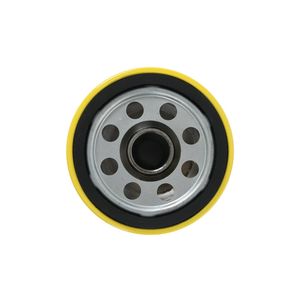 Oil filter base plate with circular holes and center opening, yellow outer rim