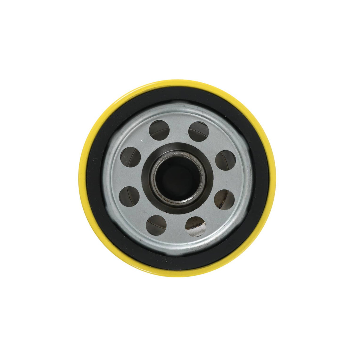 Oil filter base plate with circular holes and center opening, yellow outer rim