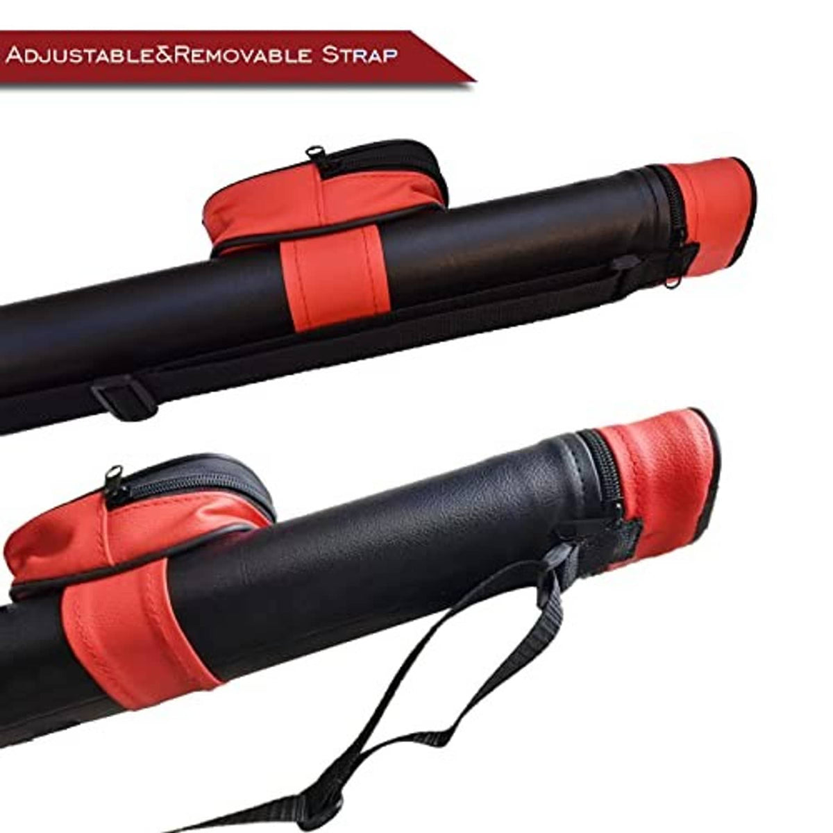 Hard pool cue case with adjustable, removable shoulder strap and red front padding