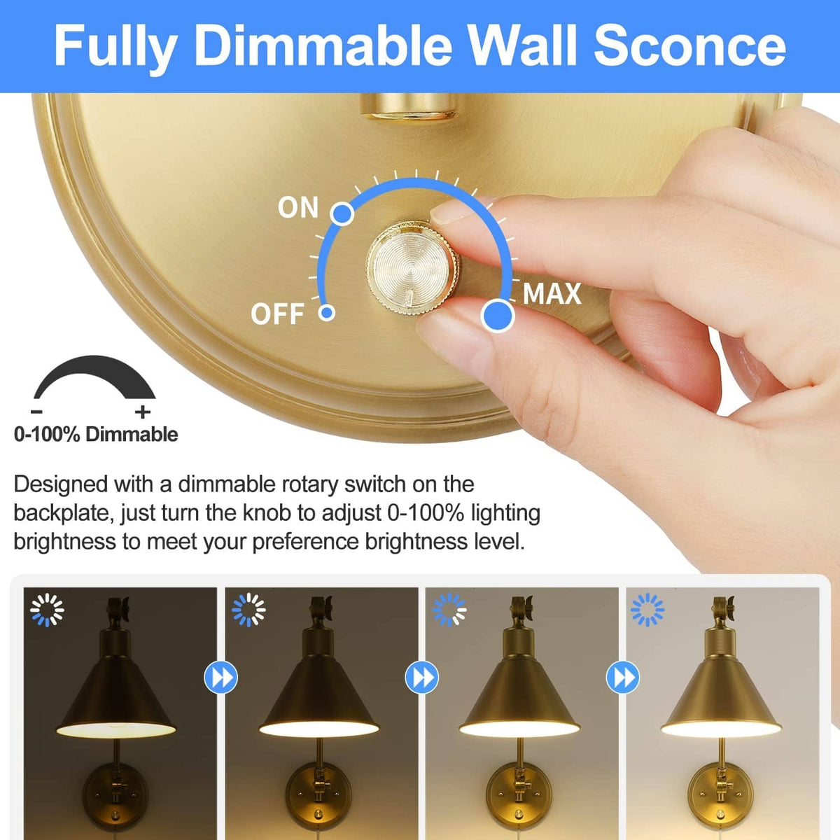 Brushed brass wall sconce dimmer rotary switch on backplate with pointer indicator
