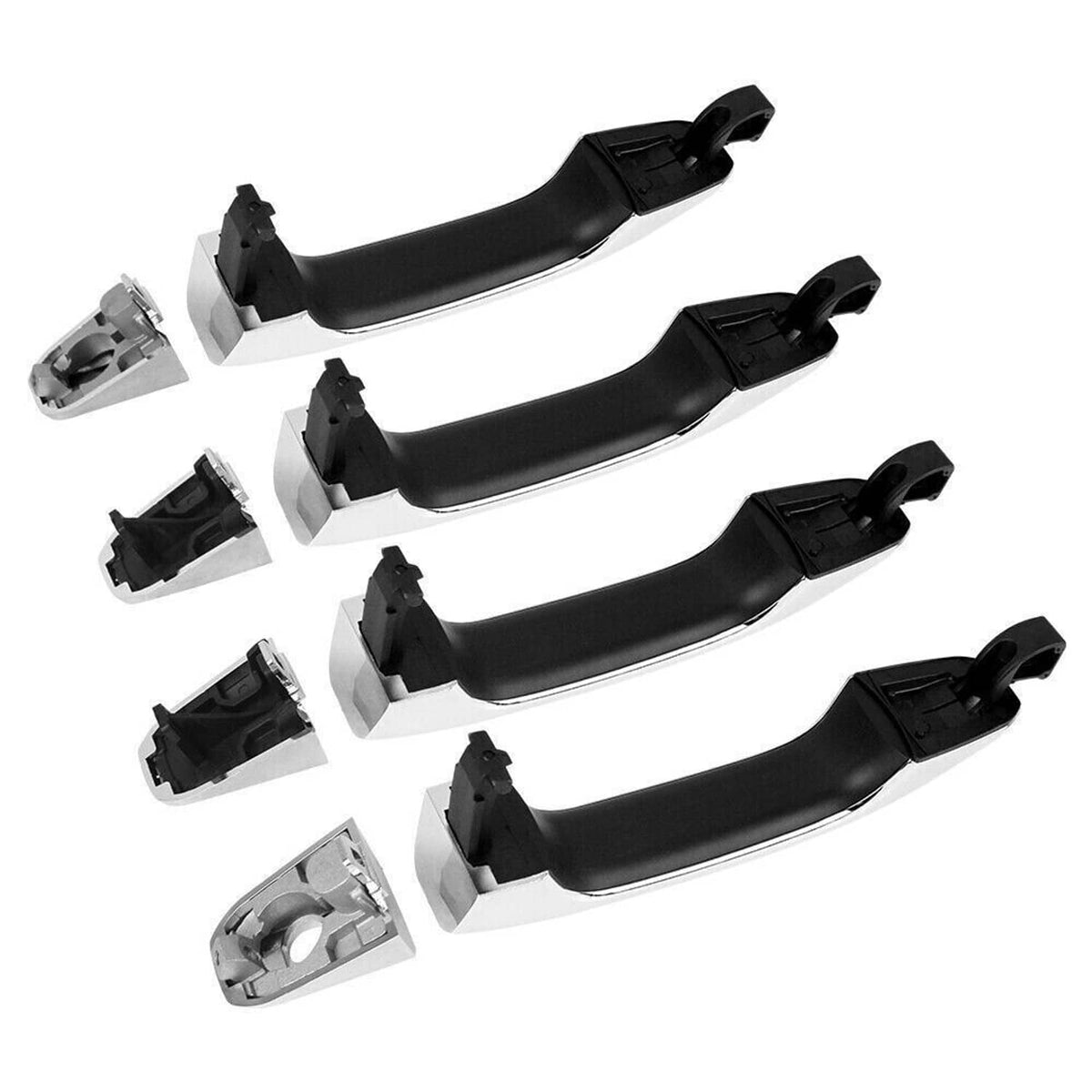Set of four exterior door handles, chrome finish with black mounting bases