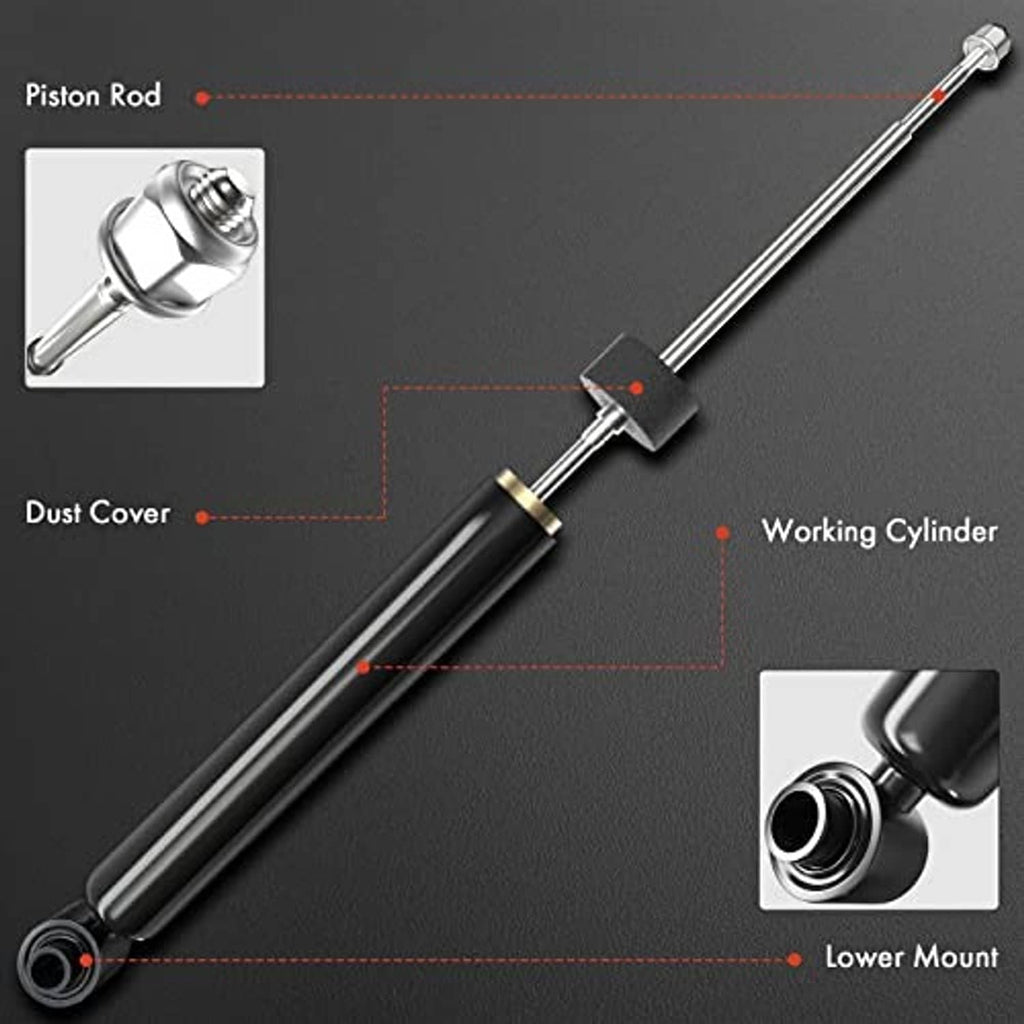 Diagram of shock absorber components: piston rod, dust cover, working cylinder, lower mount