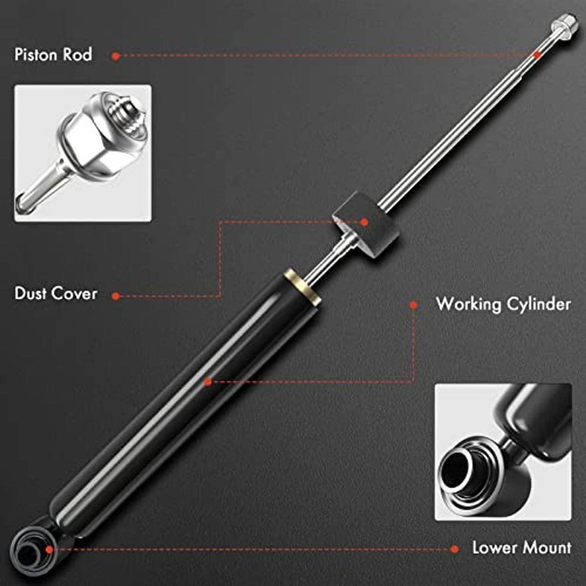 Diagram of shock absorber components: piston rod, dust cover, working cylinder, lower mount