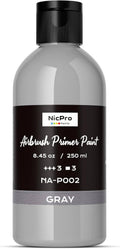 Grey matte airbrush primer paint bottle, black cap and NicPro label, ready to spray