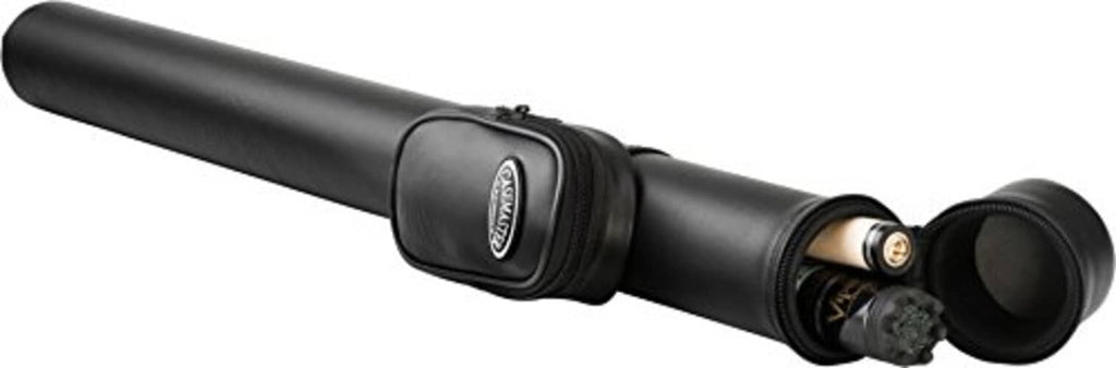 Black hard pool cue case with open end showing cue tip section