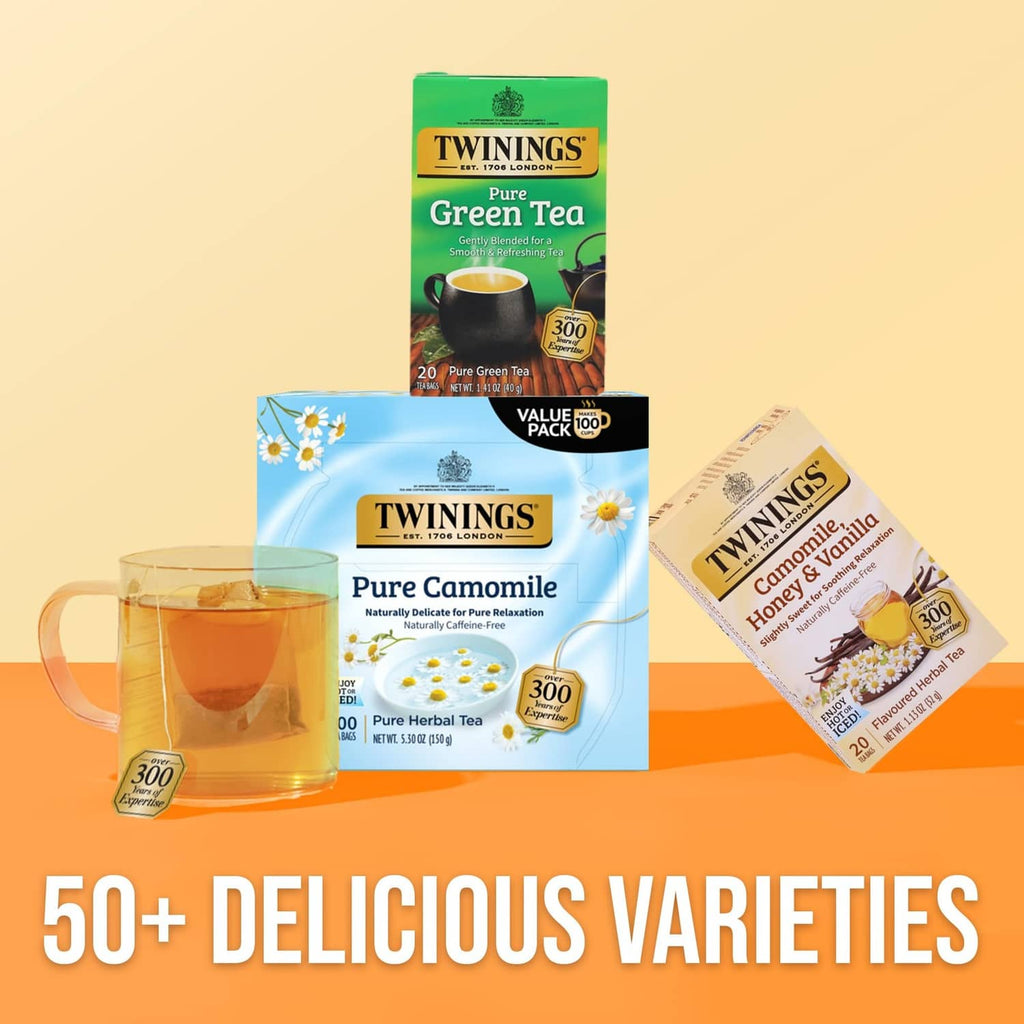 Twinings tea variety set with Pure Camomile and Green Tea boxes plus tea cup