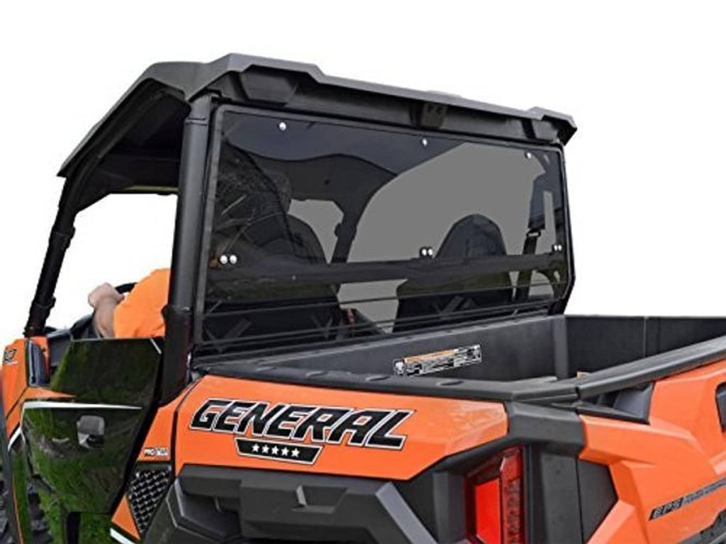 Dark-tinted rear windshield with black frame, clear panel and mounting screws visible