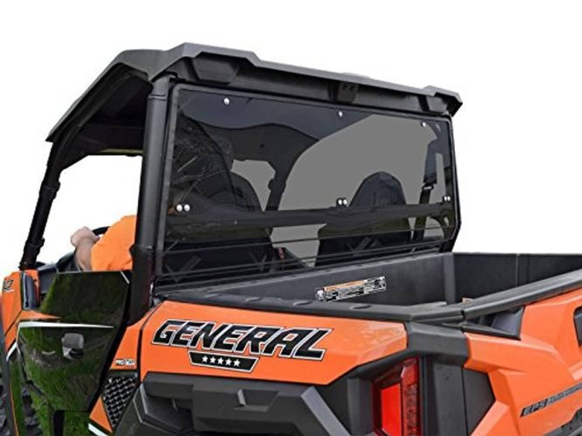 Dark-tinted rear windshield with black frame, clear panel and mounting screws visible